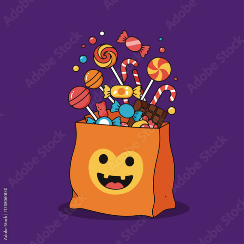 A vibrant illustration of a Halloween trick-or-treat bag overflowing with colorful candies and lollipops against a purple background.