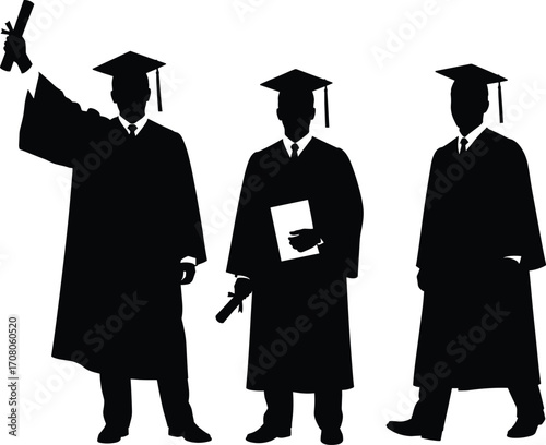 Silhouette of three male graduates in academic gown and cap, holding diplomas, standing and celebrating graduation success, ideal for education themes.