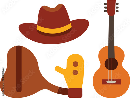 Country music festival elements bundle cowboy hat guitar banjo vector illustration