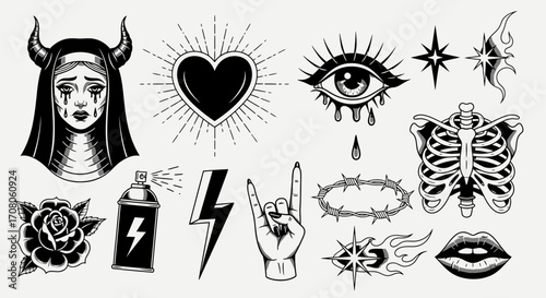 Set of monochrome old school tattoo flash art illustrations with gothic and spiritual symbols like a horned nun, sacred heart, and crying eye