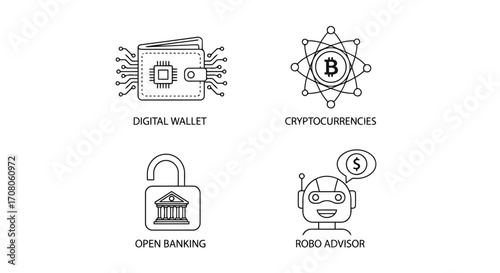 Vector illustration of digital wallet cryptocurrencies open banking and robo advisor icons modern finance and investment technology concepts in vector format
