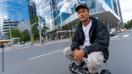 A stylish man rides an electric scooter through a lively city street, capturing the essence of modern urban mobility and effortless transportation in a vibrant setting.