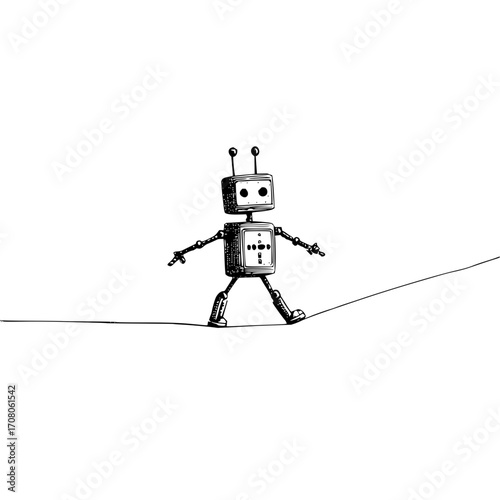 Robot balancing act illustration digital art drawing sketch black and white technology ai machine learning concept
