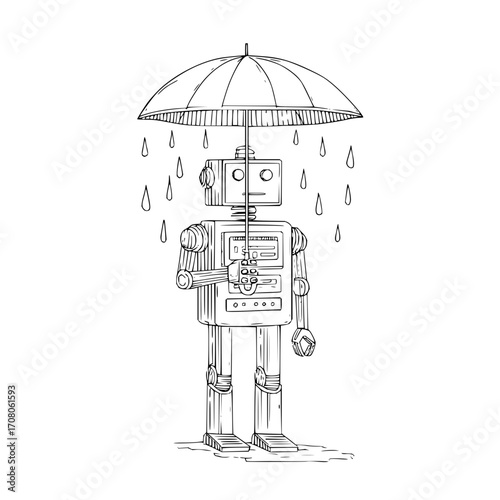 Robot umbrella rain drawing illustration sketch vintage retro mechanical android technology artificial intelligence art
