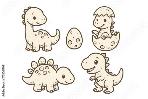 Cute dinosaur set. Hand drawn vector cartoon illustration of baby dino characters. Prehistoric animal sketches including T-Rex, Stegosaurus, hatching egg. Kawaii drawing.
