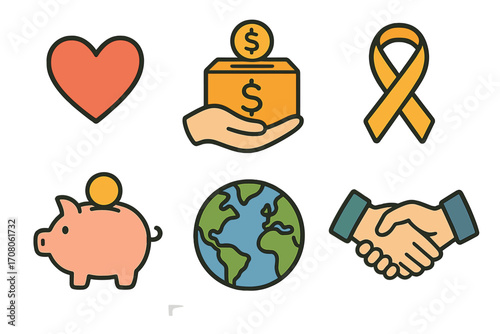 Charity and support vector icon set. Hand drawn symbols for donation, love, and fundraising. Concepts for volunteering, community aid, social work, giving, and help.