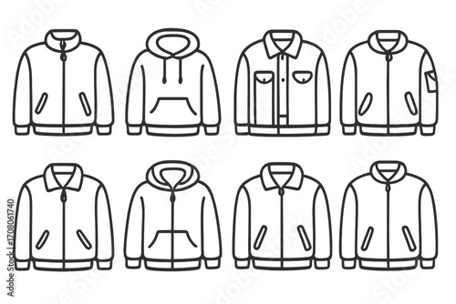Jacket and hoodie line icon set. Vector collection of outerwear fashion symbols. Sweatshirt, bomber, and casual jacket outline illustrations. Apparel and clothing design elements.