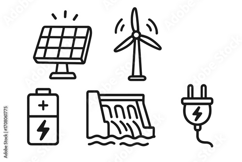 Set of renewable energy doodle icons. Solar panel, wind turbine, battery storage, and hydroelectric dam. Vector cartoon illustration for green power and sustainability concepts.
