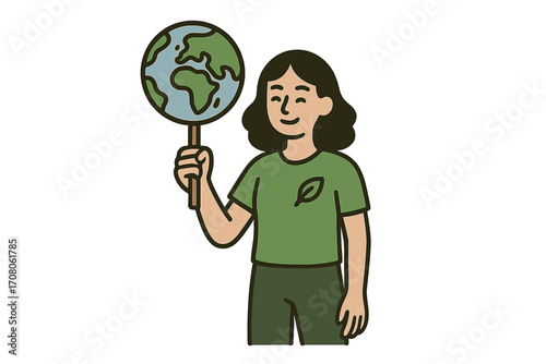Climate activist holding planet earth sign. Eco-friendly advocacy for environmental conservation. Save the planet concept. Go green. Vector cartoon character illustration.