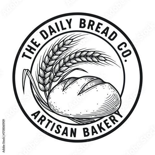 Monochromatic emblem for a traditional artisan bakery, showcasing a rustic bread loaf and natural wheat stalks within a circular design.