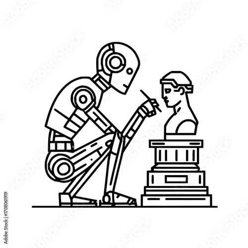 Robot sculpting statue art illustration ai technology automation futuristic artwork line drawing vector design