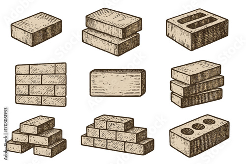 Hand drawn brick collection in engraved sketch style. Construction and architecture elements. Vector icon set of stacked bricks, pile, and masonry wall for building design.