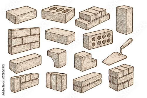 Hand drawn brick collection in vintage engraved style. Masonry and construction vector elements set. Architecture building materials, different bricks, and trowel tool illustration.