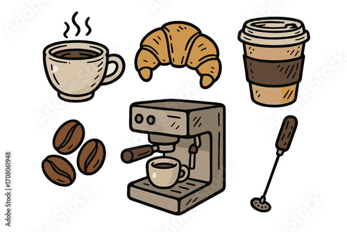 Coffee icon set hand-drawn vector illustration. Cafe elements like espresso machine, cup, beans, croissant, milk frother. Cartoon doodle style for breakfast menu or coffee shop.
