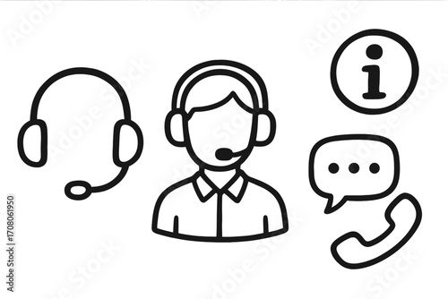 Customer service icon set. Hand-drawn vector illustration of a call center agent, headset, phone, chat bubble and info symbol. Communication and support concept for business.