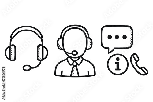 Hand-drawn customer service icon set. Doodle call center agent with headset, communication symbols like chat bubble, phone, and info sign. Vector line art for support.