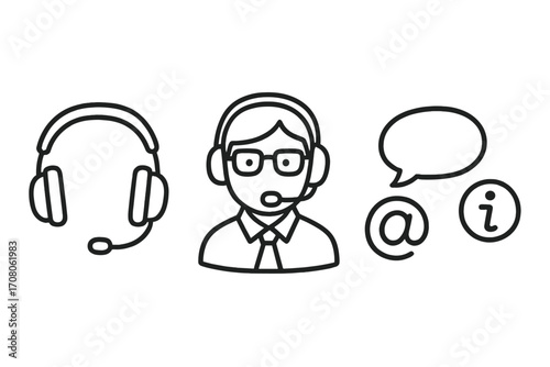 Hand-drawn customer service icon set. Call center agent with headset, communication symbols like chat bubble and email. Vector outline illustration for support and helpdesk.
