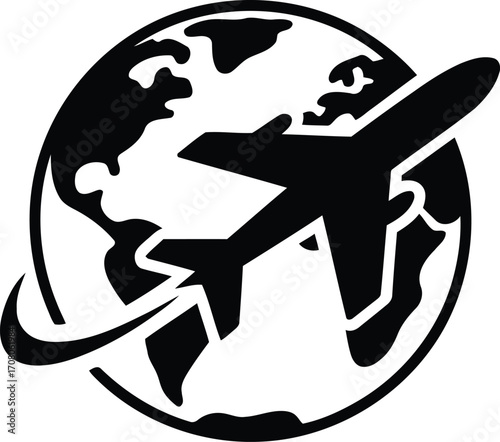 Iconic Global Flight Symbol A Modern Airplane Flying Around the World Depicting Travel Destinations and International Transportation Services Across Countries