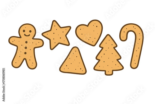 Hand-drawn Christmas holiday cookie shapes set. Gingerbread man, star, heart, tree, candy cane vector icons. Festive winter baking dessert. Xmas celebration food cartoon.