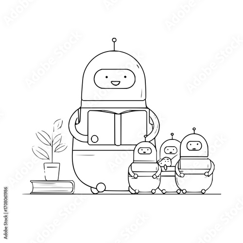 Robot reading book with robot kids vector illustration ai learning education technology science fiction line art