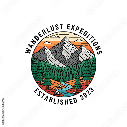 Circular logo featuring snowy mountains, evergreen trees, a winding river, clouds, and the text "Wanderlust Expeditions Established 2023".