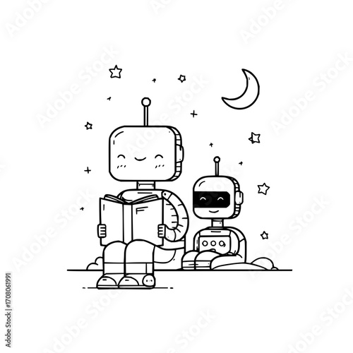 Robot reading book cute robots moon stars technology ai learning machine automation futuristic androids drawing