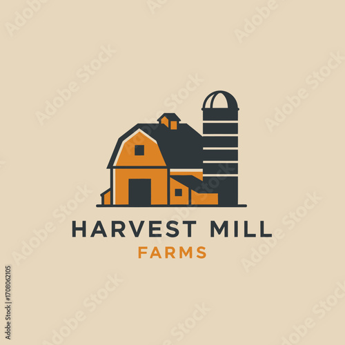 A stylized logo featuring a barn and silo, representing a farm, with text below.