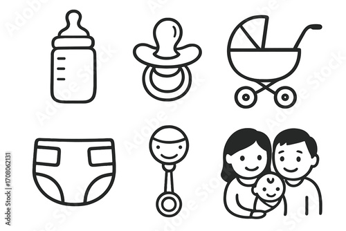 Hand drawn baby essentials icon set with bottle, pacifier, stroller, diaper, rattle, family. Vector line art illustration for newborn, childcare, and baby shower concepts.