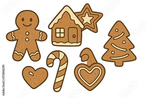 Hand drawn cartoon vector illustration of a Christmas gingerbread cookie set. Includes gingerbread man, house, star, tree, candy cane, and heart shapes. Festive holiday baking.