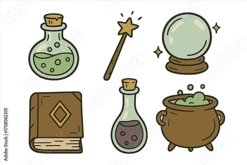 Magic objects vector icon set. Hand drawn witchcraft or wizard tools collection. Potion bottle, magic wand, crystal ball, spell book, cauldron. Fantasy cartoon illustration.
