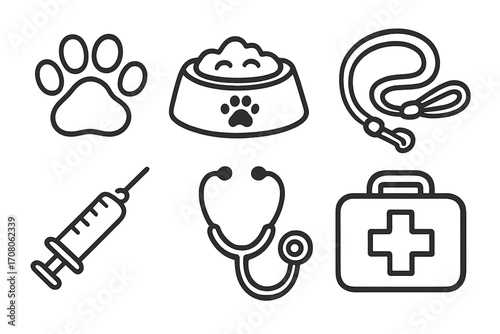Veterinary icon set for pet care. Hand drawn line art of paw, food bowl, leash, syringe, stethoscope, first aid kit. Animal health, vet clinic, and medicine symbols.