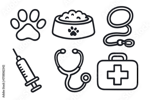 Hand drawn pet care icons set. Veterinary clinic symbols paw, bowl, leash, syringe, stethoscope, first aid kit. Vector cartoon illustration for animal health and grooming.
