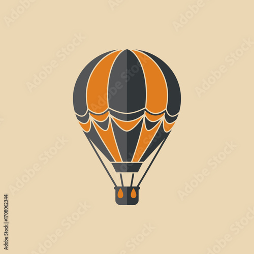 Stylized illustration of a hot air balloon with orange and dark gray stripes against a beige background.