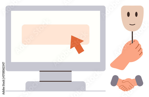 Computer screen with pointer suggesting action, handshake gesture for trust, and smiling mask representing online identity. Ideal for communication, trust, anonymity, virtual connection, networking