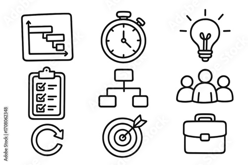 Project management icons set. Business process concept. Hand drawn vector line art symbols. Gantt chart, timeline, idea, checklist, teamwork, workflow, goal, strategy icons.