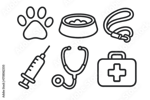Hand drawn veterinary and pet icons collection. Outline graphic elements. Paw print, dog food bowl, leash, vaccine syringe, stethoscope, medical kit. Animal health care concept.