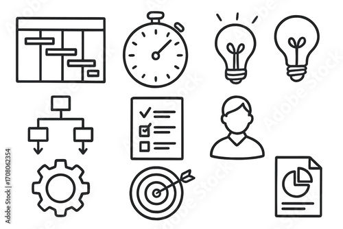 Hand drawn project management icons set. Business doodle symbols for planning, strategy and workflow. Gantt chart, stopwatch, idea lightbulb, target and report vector signs.