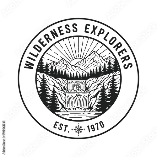 Vintage graphic design of a mountain landscape with waterfall, wilderness explorers logo.