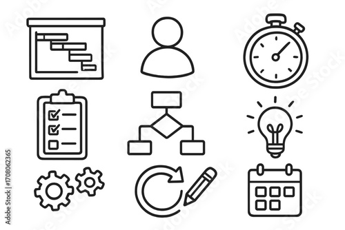 Hand drawn project management icons set. Vector line art illustration for business. Features Gantt chart, timeline, checklist, stopwatch for deadline, flowchart, and calendar.