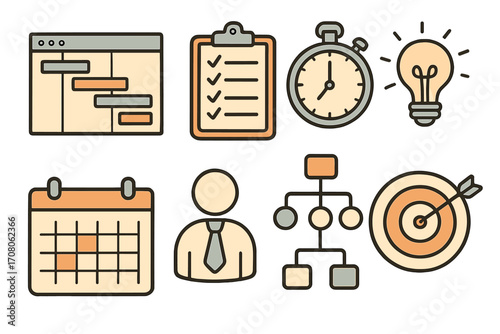 Project management icon set. Hand-drawn vector icons for business planning, strategy, and time management. Gantt chart, calendar, task list, deadline, and workflow symbols.