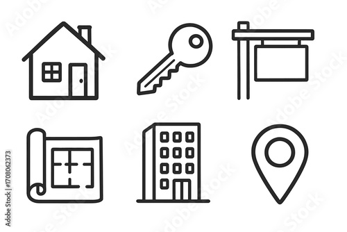 Real estate line icon set. Vector outline symbols for property business. Home, key, for sale sign, blueprint, building, location pin. Mortgage, buy, sell, rent concept.