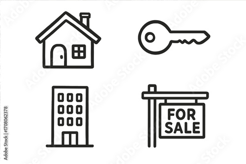 Hand drawn real estate icon set. Vector line art with house, key, building, for sale sign. Simple minimalist cartoon illustration for property, mortgage, home buying, housing.