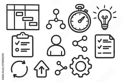 Project management icon set. Hand drawn business process icons. Gantt chart, timeline, agile, scrum, task list, deadline. Strategy, planning, workflow, development vector icons.