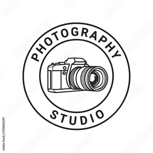 A circular emblem featuring a stylized illustration of a professional camera within a ring of text that reads "PHOTOGRAPHY STUDIO.".