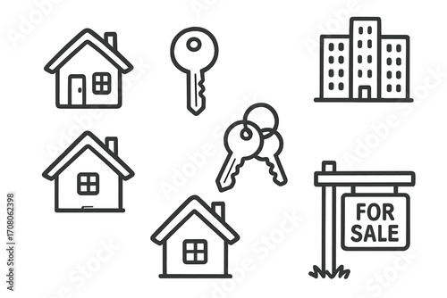 Real estate line icon set. House, keys, and for sale sign symbols. Property investment concept. Home ownership, mortgage, and realty business design elements. Vector graphics.