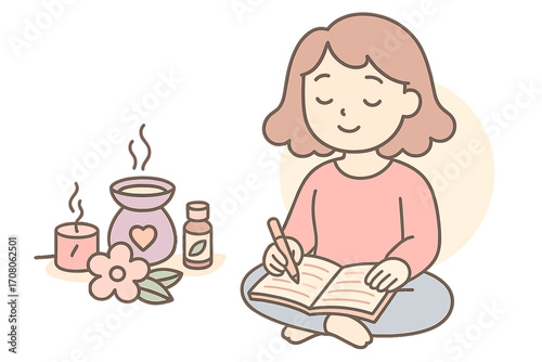 Mindfulness practice concept with journaling and aromatherapy for self-care, relaxation, and mental health. A calm woman writing in a diary with essential oils.