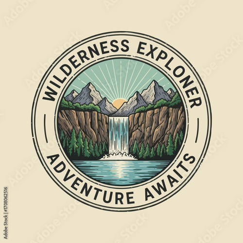 Majestic mountain waterfall scene within a vintage adventure emblem.