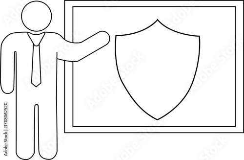 presentation person icon and shield icon with white background