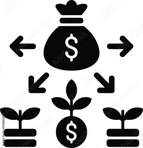 Financial Investment Illustration Showing Funds Flowing from Moneybag into Growing Plants Representing Successful Business Ventures and Investment Returns Concept