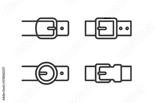 Minimalist belt icons set. Outline style collection with various buckles and straps. Vector line art illustration for fashion, accessory, and clothing design elements.